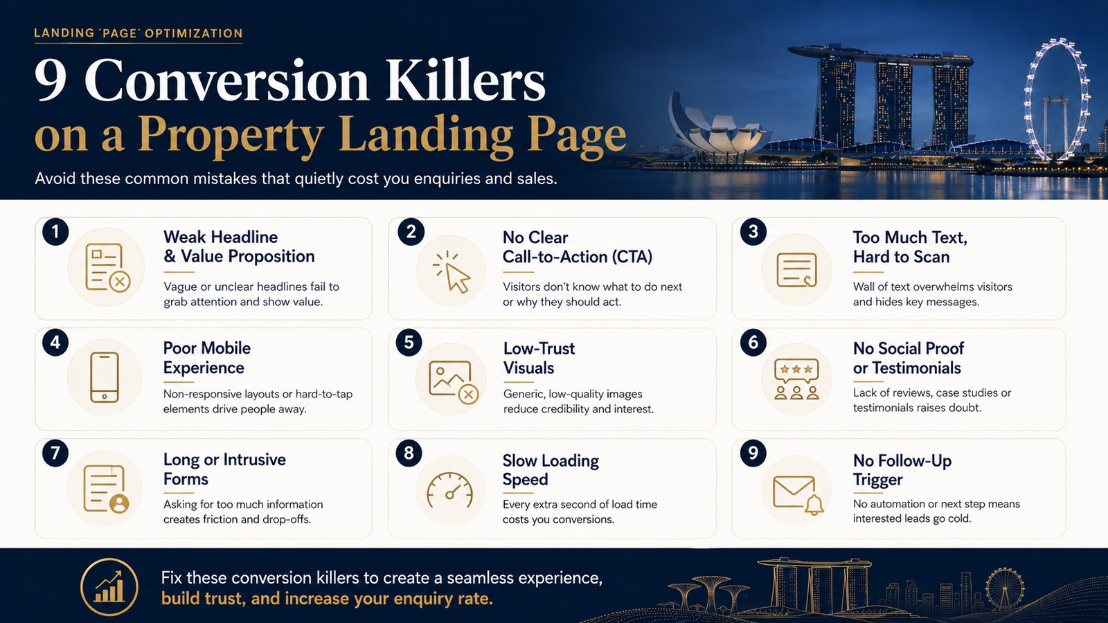 Infographic detailing nine conversion killers on a property landing page